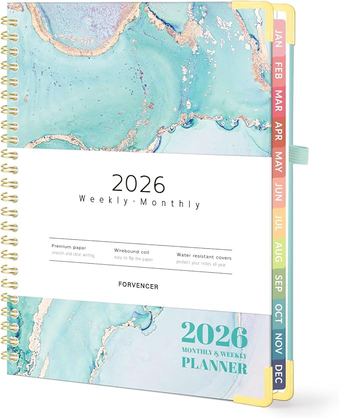 Forvencer 2026 Planner, Hardcover Calendar Planner Weekly and Monthly, Jan 2026 - Dec 2026, 6" x 8", Spiral Agenda Book with Tabs, Exquisite Daily Journal Organizer for Home School, Teal Marble