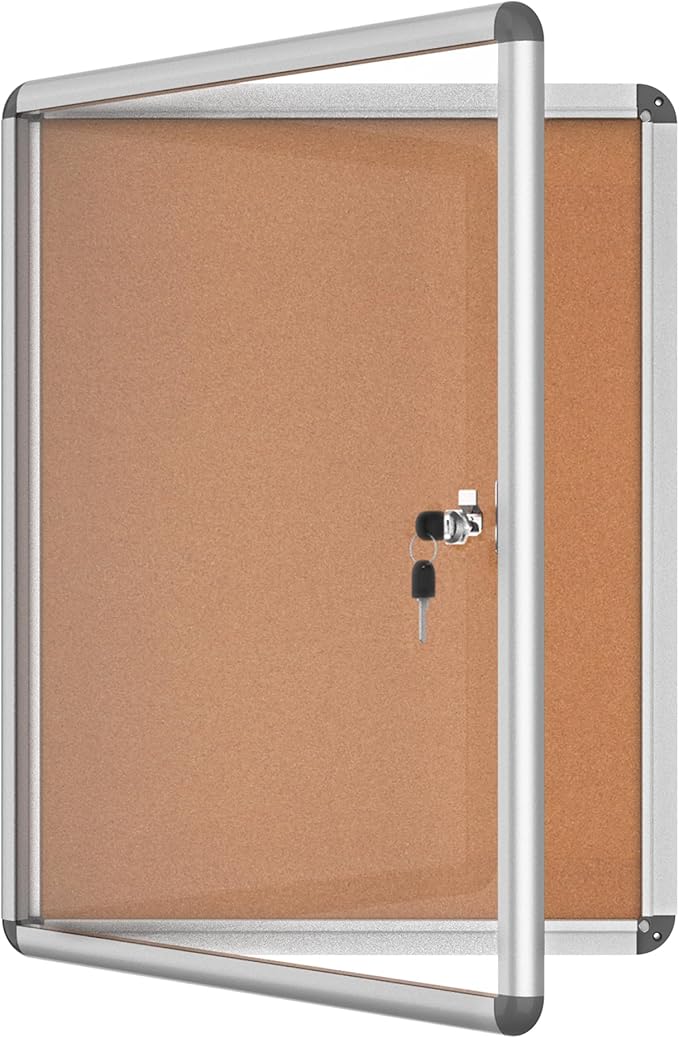 Mifuro 26"x20" Enclosed Bulletin Board, Lockable Weather-Resistant Aluminum Cork Noticeboard for School & Office, Silver Frame w/Cork