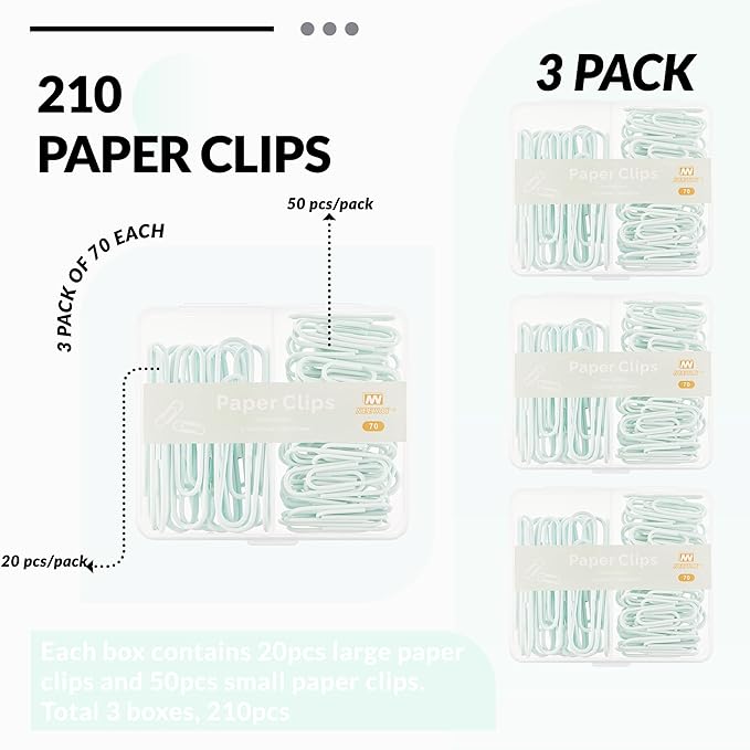 NEEWAY Colorful Paper Clips Assorted Sizes, Small and Large Paperclips, 210 Count, 3 Pack of 70 (Light Green)