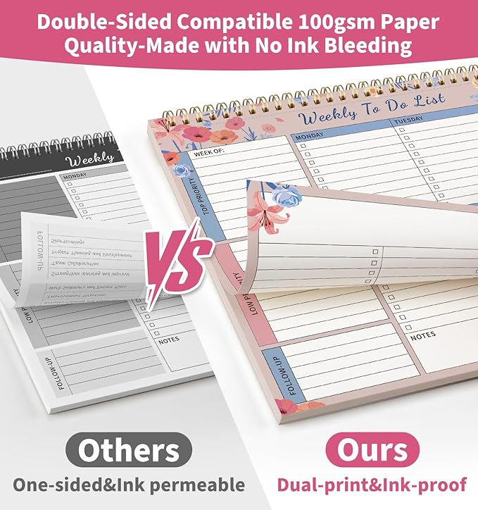 104 Pgs Weekly To Do List Notepad, 52 Duplex-Printed Undated Sheets 100 GSM（8.5"×11") Weekly Desk Planner For Work Home School Office Desk Accessories Supplies & Goal Setting Tasks -Pink Floral