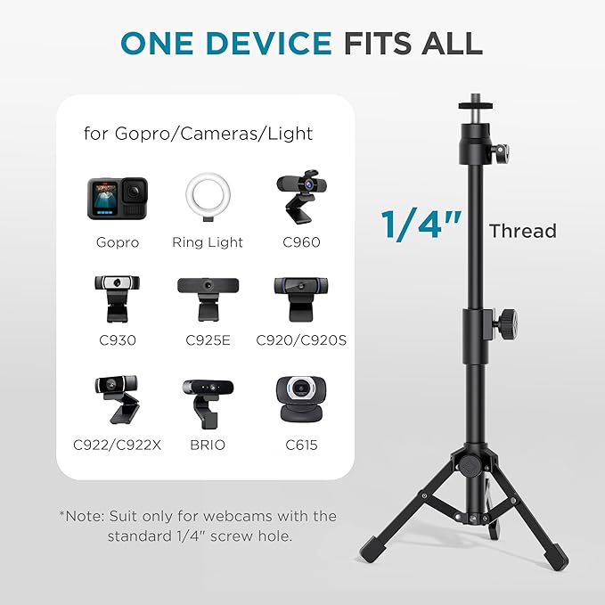 InnoGear Webcam Tripod, Extendable Webcam Stand for Desk Camera Stand Mount with Phone Holder for Webcam C922 C930e C920S C920 C615 C960 C920x BRIO 4K NexiGo N60, Right Light, GoPro with 1/4" Thread