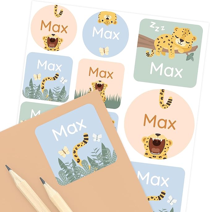 Large Name Labels for Kids (33) - Custom Stickers for Daycare and School Supplies - Durable, Waterproof Stickers for Water Bottles, Lunch Boxes, and More with Unique Designs - Leopard