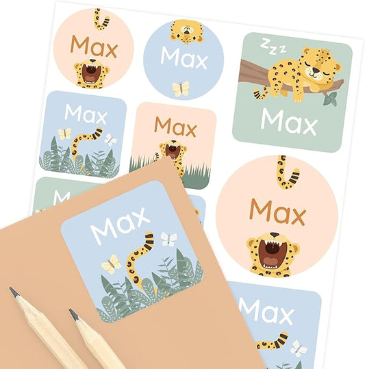 Large Name Labels for Kids (33) - Custom Stickers for Daycare and School Supplies - Durable, Waterproof Stickers for Water Bottles, Lunch Boxes, and More with Unique Designs - Leopard