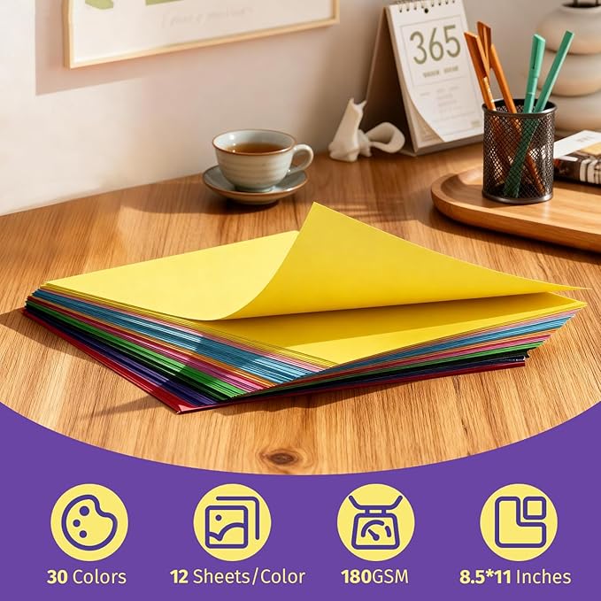 INFOOD 360 Sheets 8.5" X 11" Colored Cardstock Bulk, 30 Assorted Colors Construction Paper Card Stock Paper for Printing, Card Making, DIY Crafts, School & Office Supplies, Party Decorations, 180 GSM
