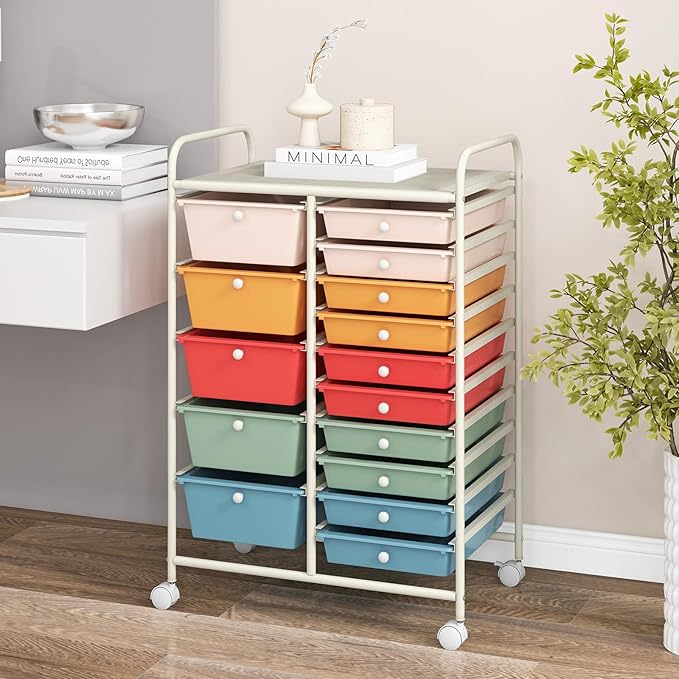 DORTALA 15-Drawer Rolling Storage Cart with Drawers, Rolling Utility Cart w/Removable Drawers & Universal Wheels, Tools Scrapbook Paper Organizer for School, Office, Home, Classroom (Macaroon Color)
