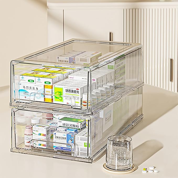 Sgoostood 2 Pack - Clear Pulling Medicine Drawer First Aid Kit Box for Bathroom, Cabinet, Closet,Medicine Organizer, Medicine Storage Box Adhesive Bandages Family Emergency Kit (L drawer)