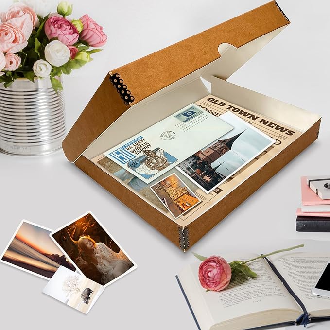 Lineco Folio Storage Box, Faux Leather Cover, Clamshell Design, 9.5x12.5x1.75 Inches, Archival Boxboard, Preserve Photos, Cards, Magazines, Documents, Art, Ephemera, Family Records, Tan, Pack of 1