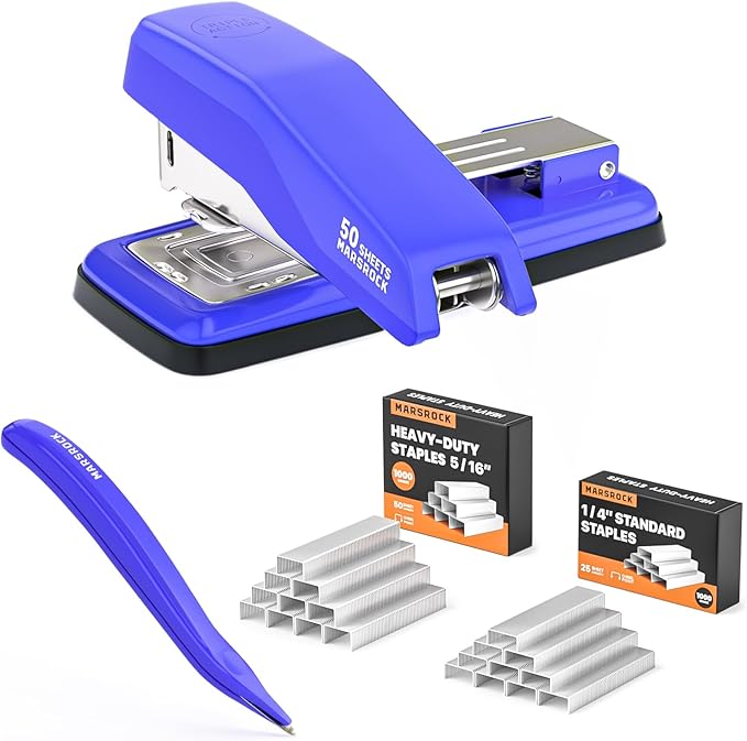 Marsrock Desktop Stapler, Swing-Arm Swivel Stapler, 50 Sheet Capacity, 2000 Staples and Staple Remover, Rotatable Heavy Duty Staplers for Office, Home, Classroom, Booklet, Book Binding, Blue