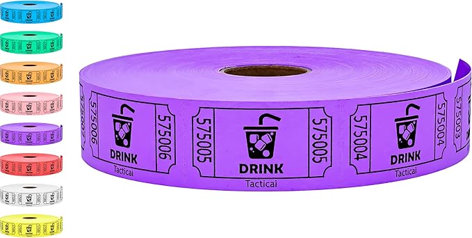 Tacticai 1000 Raffle Tickets, Drink, Purple (1 of 8 Colors), Single Roll for Events, Entry, Class Reward, Fundraiser & Prizes