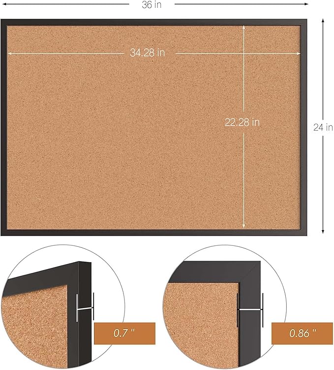 Board2by 2-Pack Cork Board Bulletin Board 24 x 36, Black Wood Framed 2x3 Corkboard, Office Board for Wall Cork, Large Wall Mounted Notice Pin Board with 32 Push Pins for School, Home & Office