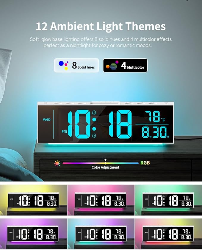 Digital Clock, Alarm Clock for Bedroom, Digital Wall Clocks for Classroom, Living Room Decor, Desk Clock Large Display, 13 Number Display Colors, 12 Ambient Light Colors, Auto Dimming, DST (White)