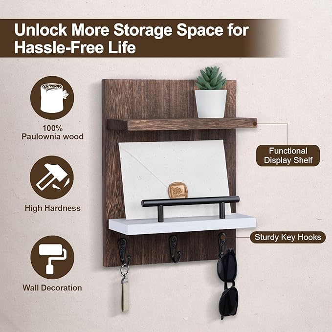 Key Holder Wall Mount, Key Holder With 2 Display Shelf, 3 Hooks for Key, Coat, Dog Leash, Key Hanger with Hook for Mail, Potted Plant, Farmhouse Mail Holder, Entry Way Organizer (Brown & White)