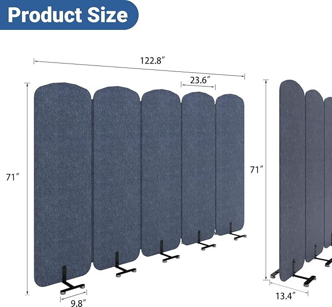 Natwind 5 Panel 122.8 x 71 in Office Room Privacy Protect Space Divider Portable Partition,Wall Folding Cubicle Indoor Freestanding Acoustic Partition Temporary for Office Room, Navy Blue