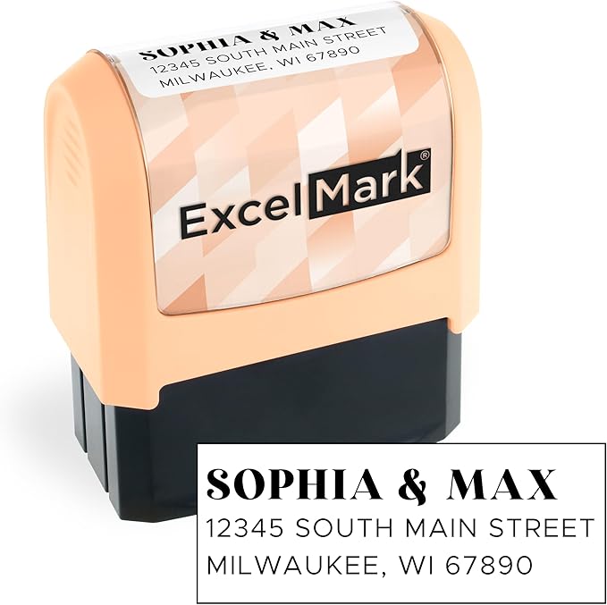 ExcelMark Address Stamp - Custom Return Address Stamp with Elegant Designs, Vibrant Colors & Patterns – Perfect for Mail, Invitations & Gifts (Peach Mount, The Statement)