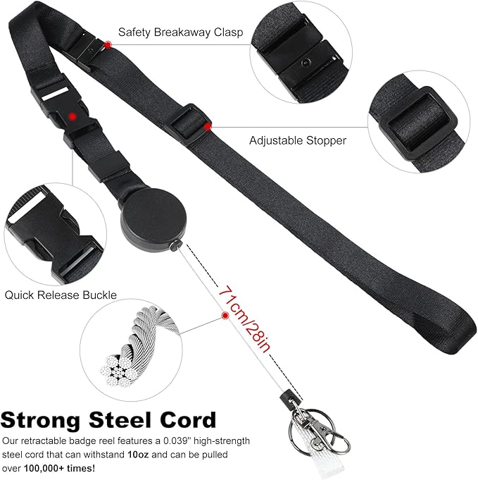 DELSWIN Heavy Duty Retractable Lanyard - 2 Pack Breakaway Lanyards for ID Badges Keys, Retractable Keychain with Upgraded Badge Reel, Lobster Clip, and Key Ring, 10 oz Retraction