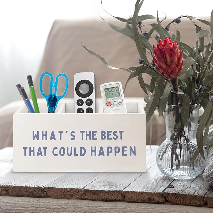 URLLUAE What's the Best That Could Happen Inspirational Wooden Pen Pencil Holder for Office Desk Accessories, Motivational Desk Decor, Retro Blue Makeup Brush Toothbrush Holder Organizer