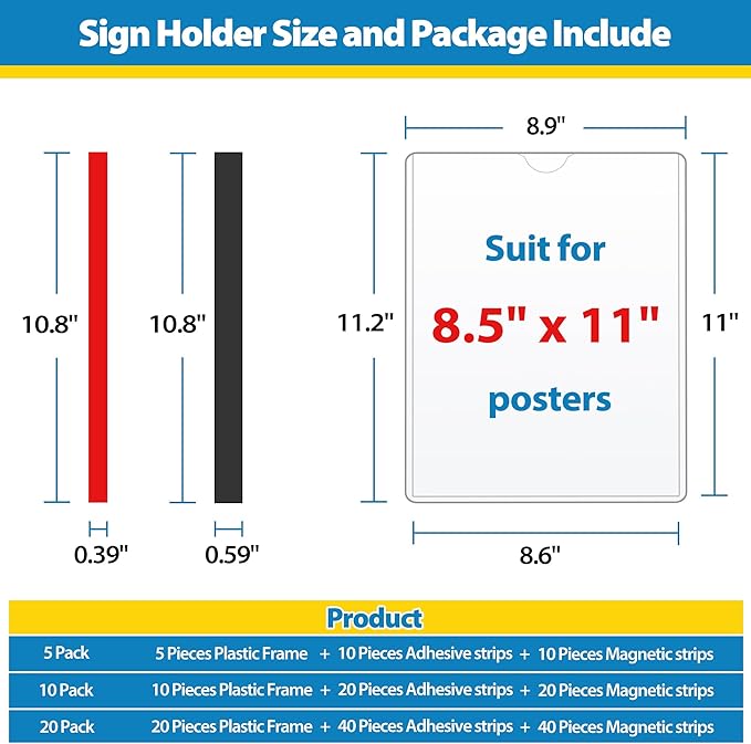 10 Pack Magnetic Sign Holder 8.5 x 11 - Plastic Wall Sign Holder with Magnet and Adhesive Tape - Magnetic Display Frame - Adhesive Plastic Frame Rigid Print Protectors Document Poster Holders