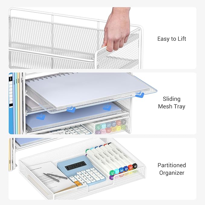 OPNICE Desk Organizer, 5-Tier Paper File Organizer with Drawer & Pen Holder, Office Desk Accessories, Workspace Desktop Organizer for Office Supplies(White)