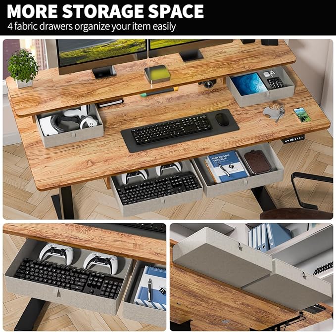 Kingant 55 x 30 Inch Electric Standing Desk with 4 Drawers, Adjustable Height Computer Desk for Home Office, Large Workstation Sit Stand Up Desk with Built-in USB A/C Ports, Light Rustic Brown