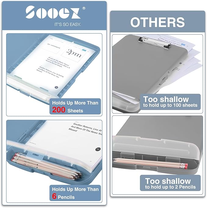 Sooez Clipboard with Storage, High Capacity Nursing Clip Board 8.5 x 11 with Pen Holder & Low Profile Clip, Plastic Clipboards Case Box, Teacher Must Haves School Office Supplies,Letter Size/ A4