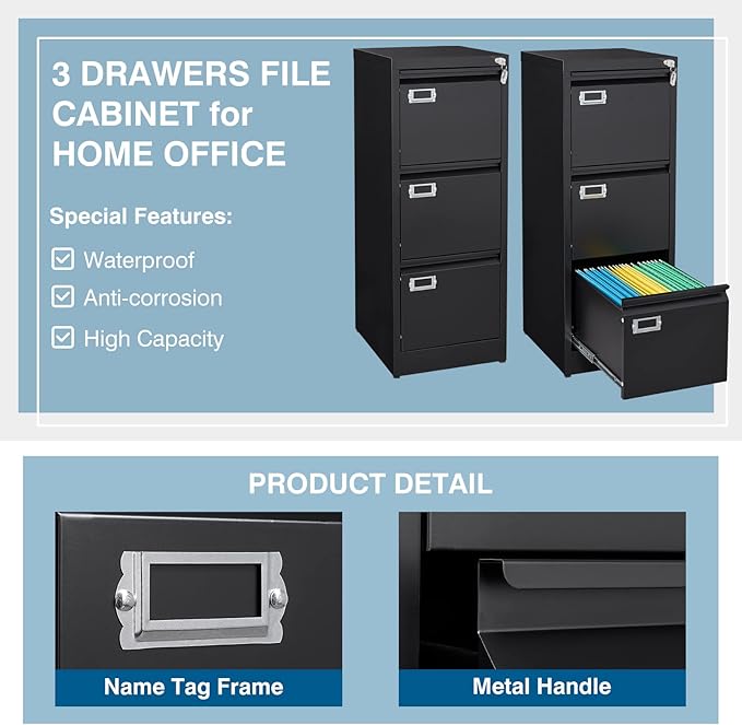 PEUKC 3-Drawer File Cabinet, 16.3" Deep Vertical Filing Cabinet with Lock, Metal File Cabinet for Home Office, Anti-Tip 3 Storage Drawers for Letter/Legal/A4/F4 Size, Assembly Required, Black