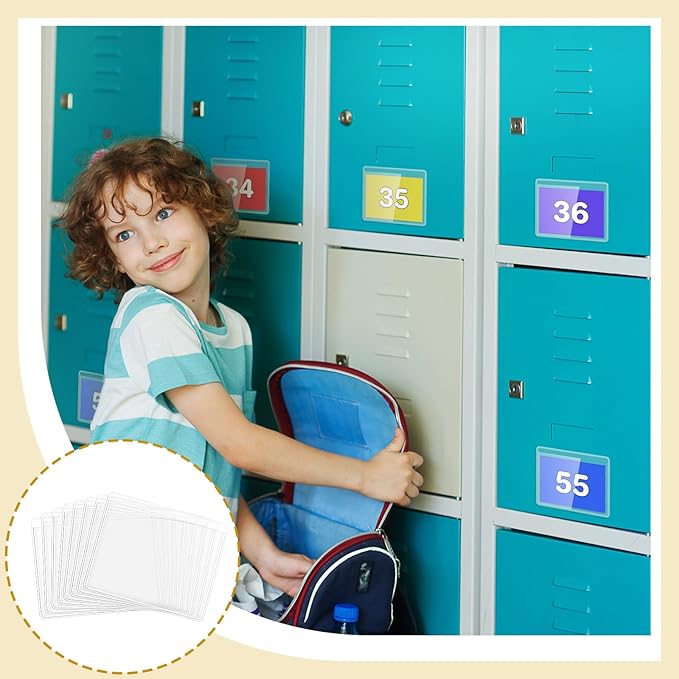 Jeyiour 200 Pcs Label Holders Adhesive Nameplate Pockets Storage Bin Labels Index Card Holder Shelf Plastic Peel Stick for Classroom Supermarket Bookshelf Library Student Box Drawer (2.9 x 3.6 Inch)