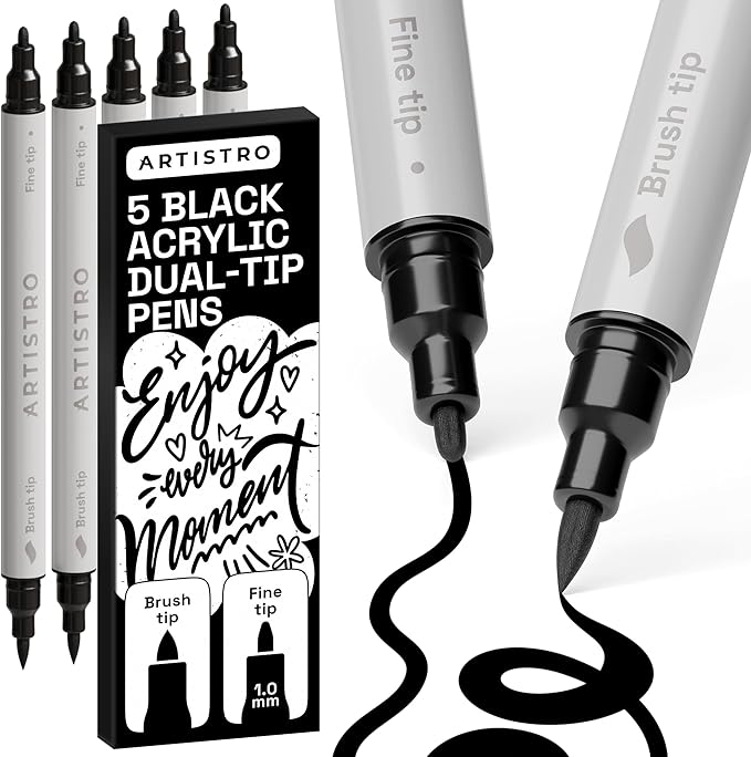 ARTISTRO 5 Black Acrylic Paint Markers - Paint Pens Dual Tip Brush + Fine Ideal for Calligraphy - Perfect for Fabric, Rock, Glass, Wood, DIY - Art Supplies, Stocking Stuffers, Christmas Gift Idea