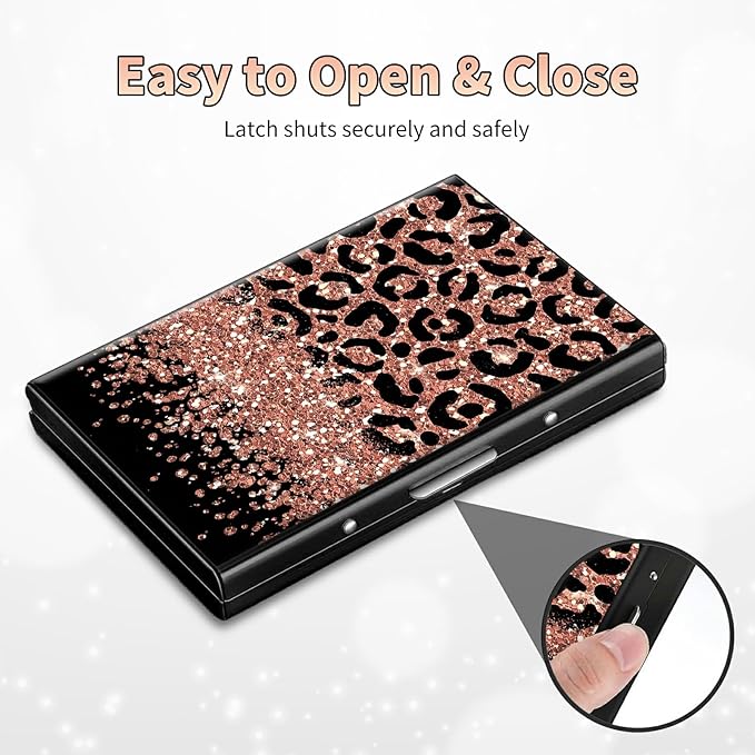 BWEGRHE Slim Credit Card Holder, Leopard Glitter RFID Blocking Metal Wallet for Men & Women, Aluminum Minimalist Hard Case Pocket-Sized Business Cards Organizer (Fits Up to 10 Cards)