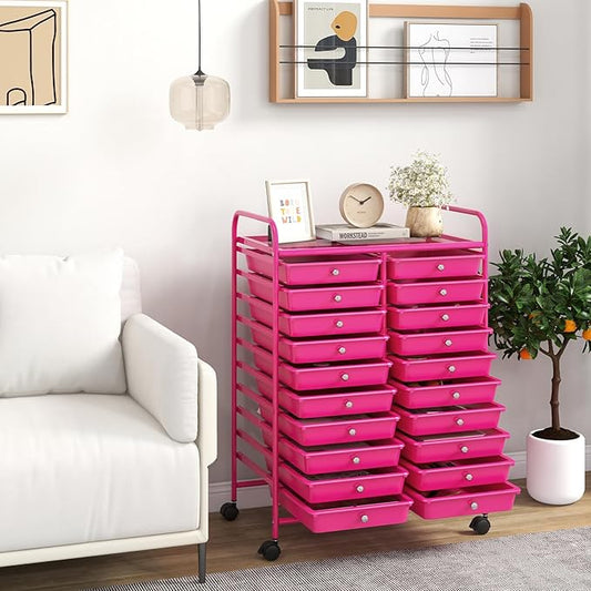 Happygrill 20-Drawer Organizer Cart Tools, Mobile Utility Storage Cart with Removable Drawers & Lockable Wheels, Rolling Storage Cart with wheels for Home Office School (Hot Pink)