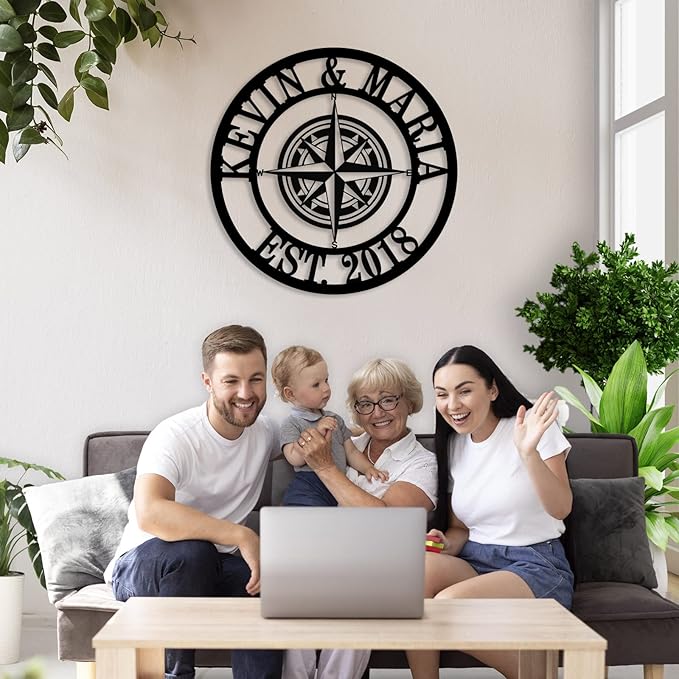 Metal Name Signs Personalized, Compass Metal Sign, Nautical Compass GPS Coordinates Metal Sign with Last Name Date, Personalized Wall Decor, Personalized Wedding Gift