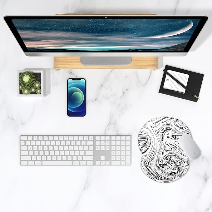 ITNRSIIET Ergonomic Mouse Pad with Gel Wrist Support Small Wrist Rest Smooth Surface Non-Slip PU Base Comfortable Office Supplies Pain Relief, 8.7 x 7.2 inches, Black and White Texture