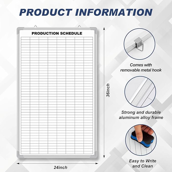 Lined Whiteboard Blank Grid Aluminum Frame Dry Erase Board Reusable Wall Mounted Board for Scheduling, to Do Lists Weekly Planning Home Work(36 x 24 Inch,Product Schedule)