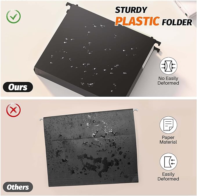 Shutex Extra Capacity Plastic Hanging File Folders,12 Pack Reinforced Hang Folders Letter Size,Accordian Pocket,Heavy Duty 2 Inch Expansion,Hard Hanging Folder Organizer for Office Home,Black