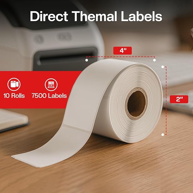 4" x 2" Direct Thermal Labels Roll, 10 Rolls (7,500 Labels),Compatible with Zebra,Rollo, MUNBYN,POLONO & IDPRT Label Printer, Strong Adhesive Perforated Label Rolls for Packages,Barcodes & Office Use