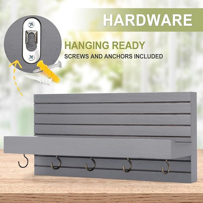 Lwenki Decorative Key Holder for Wall with Shelf, Entryway Shelf with Hooks Holds Leashes, Jackets and Glasses – Sturdy Wood Keyholder Entrance Hanger with Mounting Hardware (Gray, Medium)