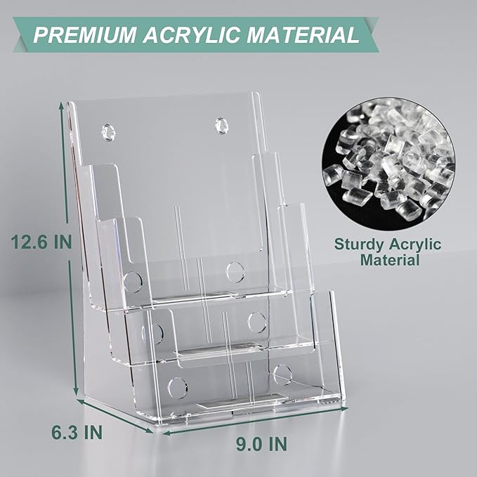 2 Pack Acrylic Brochure Holder 8.5 x 11 inches, 3 Tier Clear Brochure Display Stand with Removable Divider for Trifold 4 Inches Wide Pamphlet, Plastic Flyer Holder for Magazine, Literature, Booklet