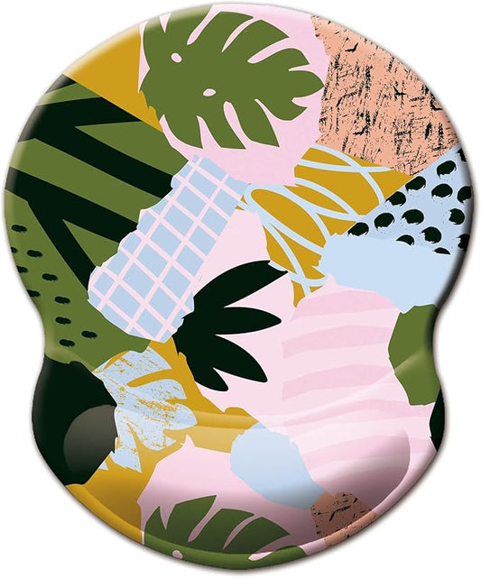 ITNRSIIET Ergonomic Mouse Pad with Gel Wrist Support Small Wrist Rest Smooth Surface Non-Slip PU Base Comfortable Office Supplies Pain Relief, 8.7 x 7.2 inches, Abstract Leaves