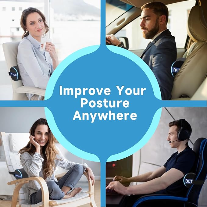 QUTOOL Lumbar Roll, Lumbar Support Pillow for Office Chair with Non-Slip Wider Strap, Back Pain Relief & Posture Improvement, Washable Cover, Office Desk & Car Accessories, Black, Firm