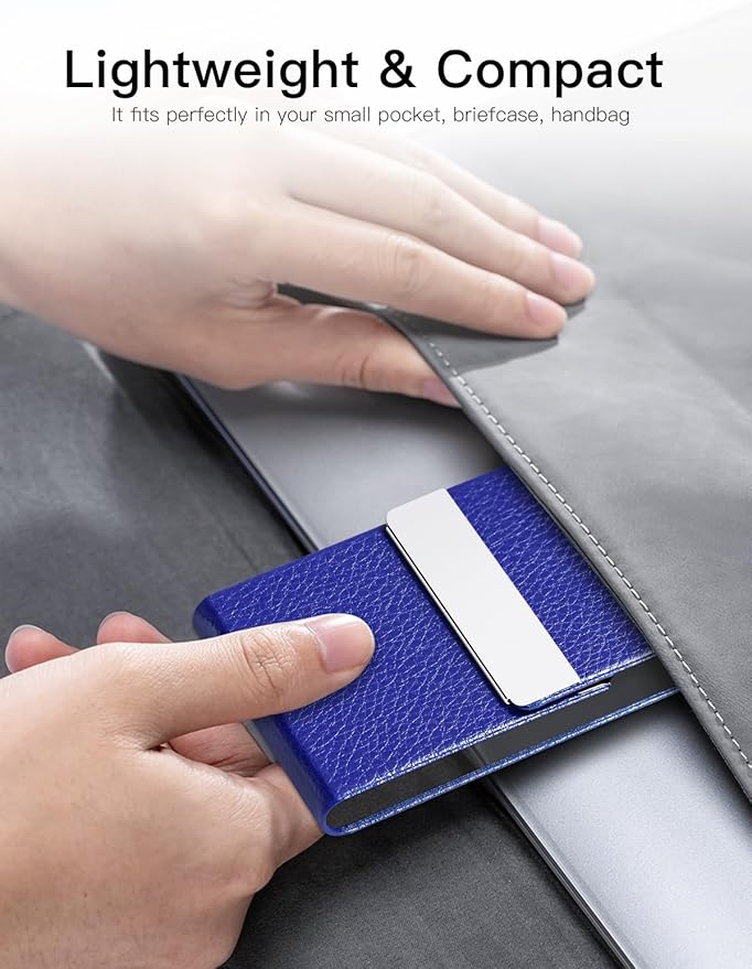 Padike Professional Business Card Holder PU Leather Business Card Case Name Card Holder Slim Metal Pocket Card Holder with Magnetic Shut (Blue)