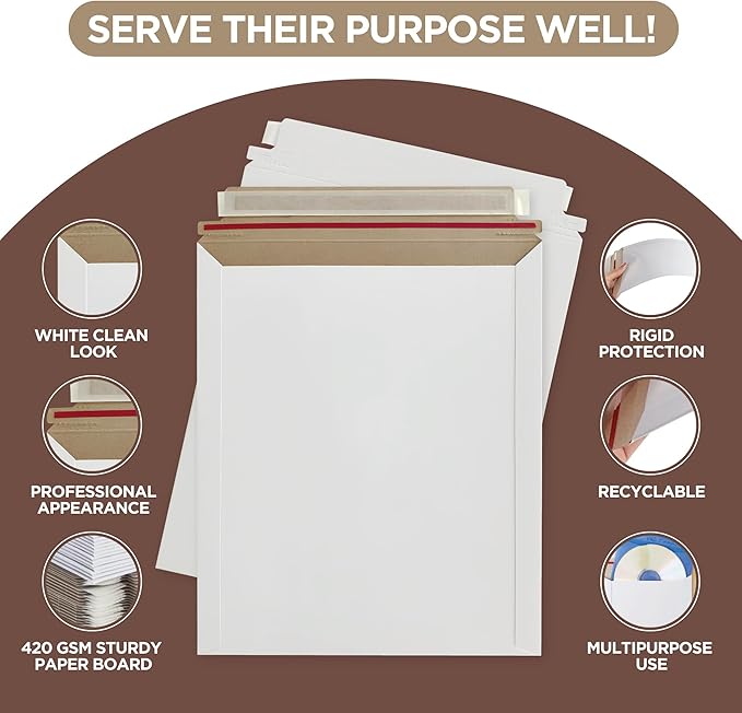 340 Pack 9x12 Inches Rigid Mailers – Self Adhesive White Cardboard Mailers – Mailing Supplies for Documents, Photos, CDs, Magazines, and Literature