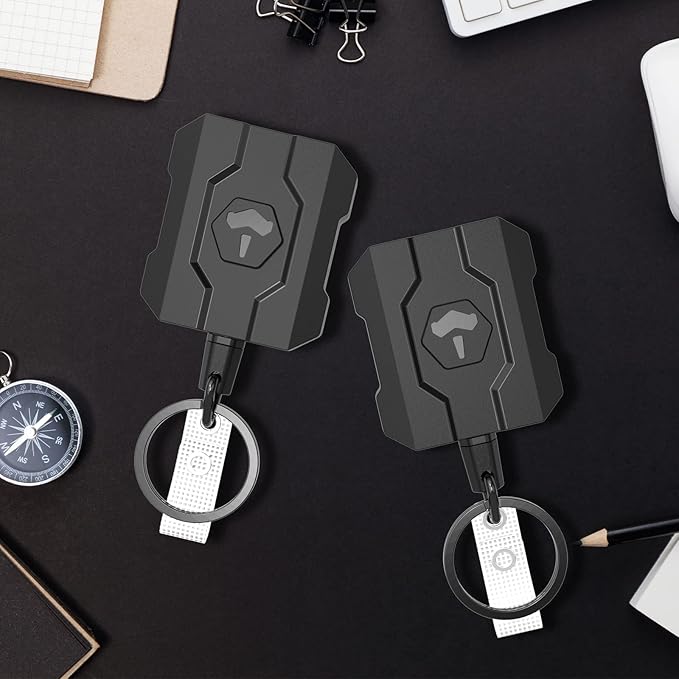 VYNCS Retractable Keychain Badge Holder with Belt Clip, Heavy Duty Carabiner ID Badge Clip Reel, 32” Steel Retractable Cord, 10 oz Rebound，1pcs Black Belt Clip