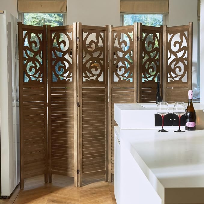 Room Divider Wood Carved Wall Divider Indoor Folding Portable Partition Screen for Home Office Garden Terrace - 6 Panel, 67 * 90inch (Dark Brown)