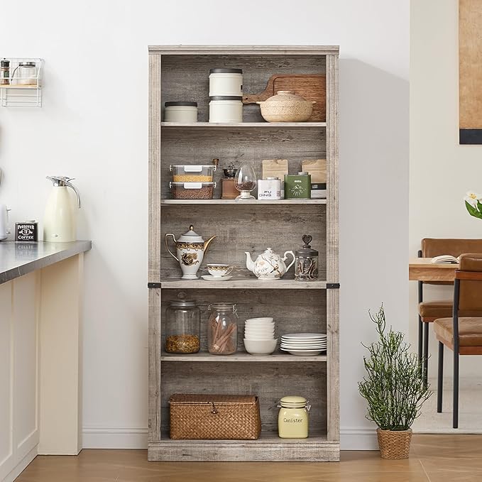 RWYHG 70" Grey Tall Bookshelf,5-Tier Thick Wooden Book Shelf with Adjustable Shelves,Free Standing Farmhouse Bookcase with Open Display Storage,Floor Vintage Bookshelves for Living Room,Office
