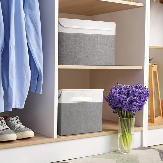 Bagnizer Large 17" 42 Quarts Collapsible Stackable Storage Bins with Lids [3-Pack] Foldable Fabric Linen Storage Boxes Cube, Closet Organizer Baskets with Label (16.7 x 12 x 12, Gray & White)