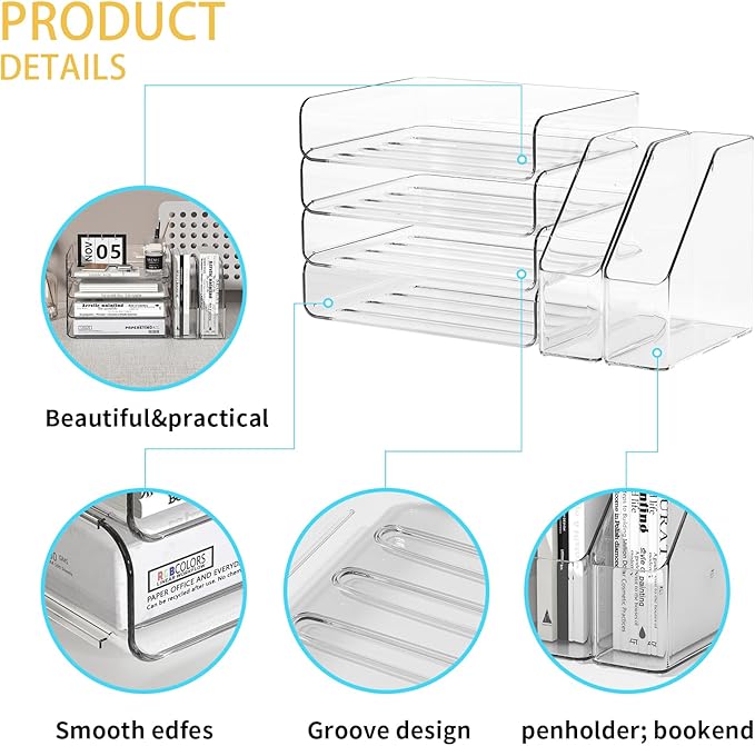 FANXIYQ 4-Tier Clear Acrylic Paper Tray Organizer for Desk with 2 Matching Bookends – Stackable Letter Tray Set, Stackable Paper Trays, Acrylic Desk Accessories/File Organizer, Office Organizer