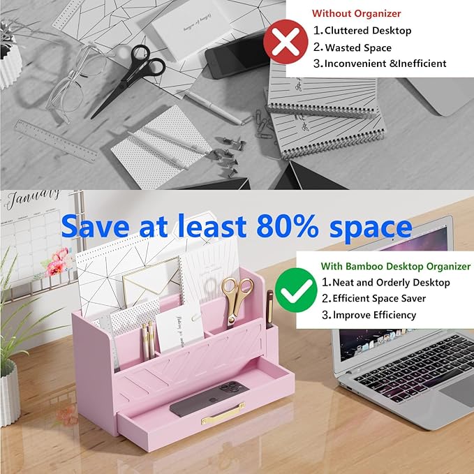 WISUCART Bamboo Desk Organizer Mail Holder Countertop Wood Desk Drawer Tabletop Storage Box Pen Holder Letter Sorter Makeup Organizer for School Home Office Supplies with Pen Holder Pink