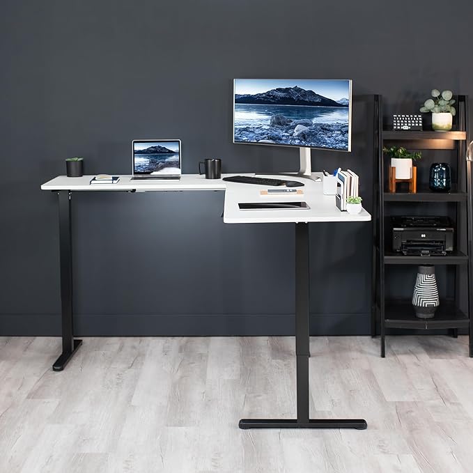 VIVO Electric Corner 75 x 63 inch L-Shaped Standing Desk, Memory Height Adjustment, White Top Black Frame, DESK-E3CTBW-75
