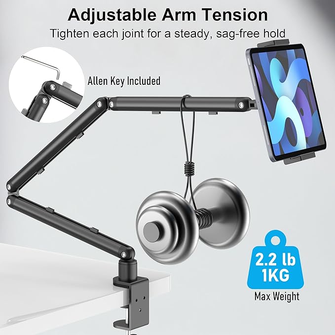 iPad Holder for Desk, Adjustable Tablet Arm iPad Desk Mount with C-Clamp, 30" Foldable Long Arm & 360° Rotation, Fits 4.7"–15.6" i Pad Pro/Air/Mini, Phones & 15.6" Portable Monitors for Desk/Bed Use