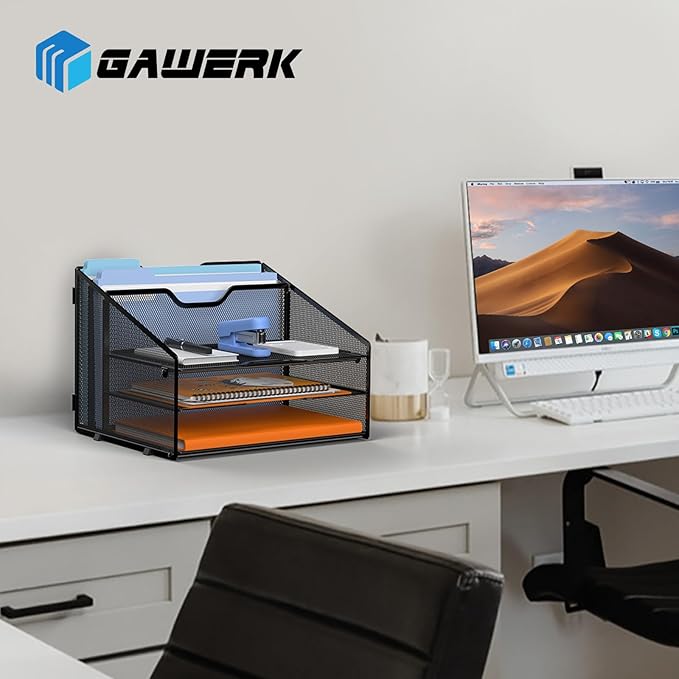 GAWERK Letter Tray Organizer, Mesh Desk File Organizer with 3 Paper Trays and 2 Vertical Upright Section, Blank