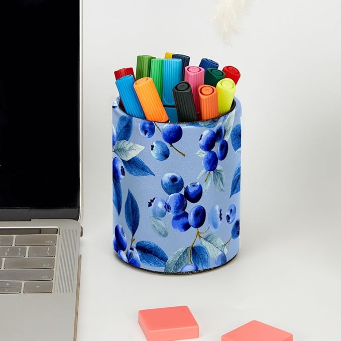 Leather Pen Holder for Desk Blueberry Blue Pencil Cup Desktop Organizer Makeup Brush Holders Office Supplies for Home, Kids & School